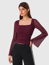 INNOMINT Women's Mesh Bell-Sleeve Ruched Top