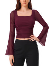 INNOMINT Women's Mesh Bell-Sleeve Ruched Top