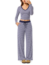 INNOMINT Women's Striped Lounge Set – Button-Up Top & Wide-Leg Pants