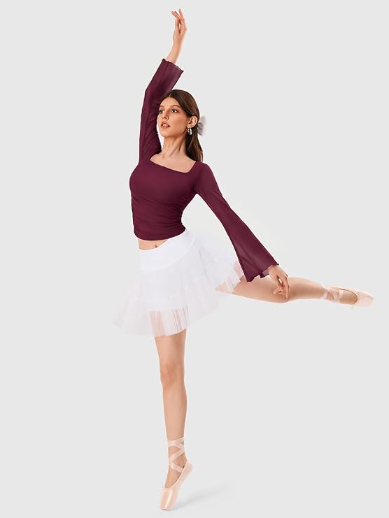 Mesh Bell Sleeve Tops for Women Waist Dance Tops
