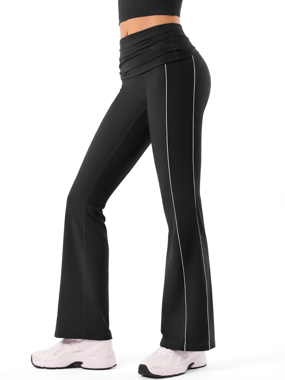 INNOMINT Women's Foldover Flare Leggings with Side Stripes