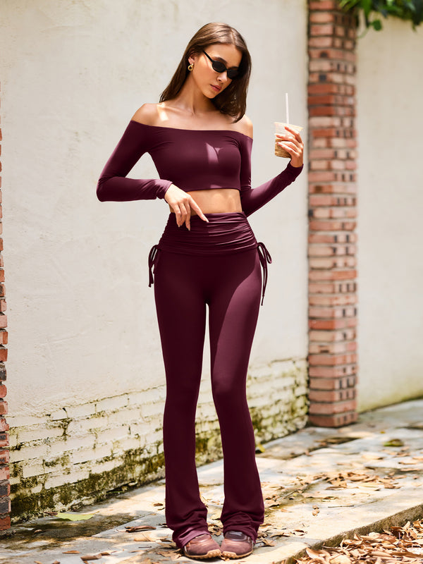 Side Tie Ruched Tummy Control High Waist Flare Leggings