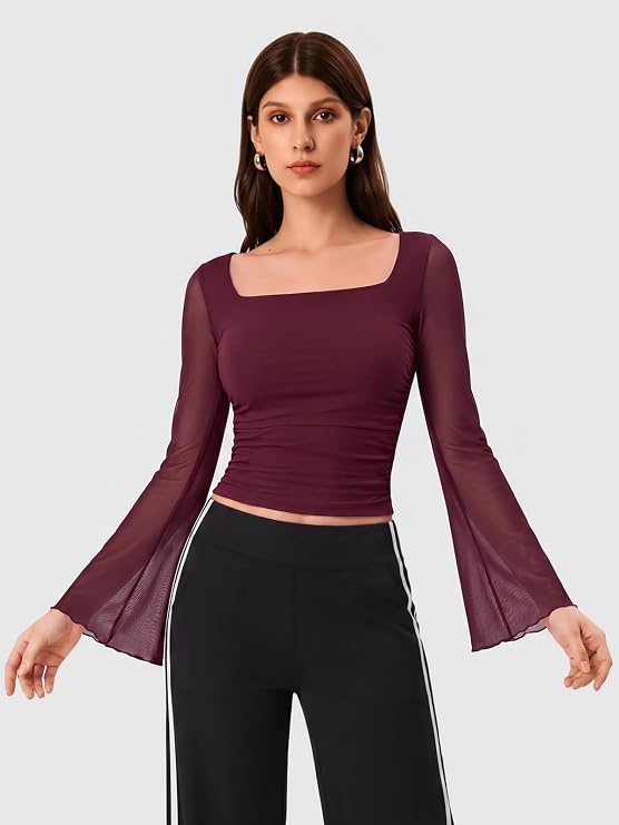 Mesh Bell Sleeve Tops for Women Waist Dance Tops