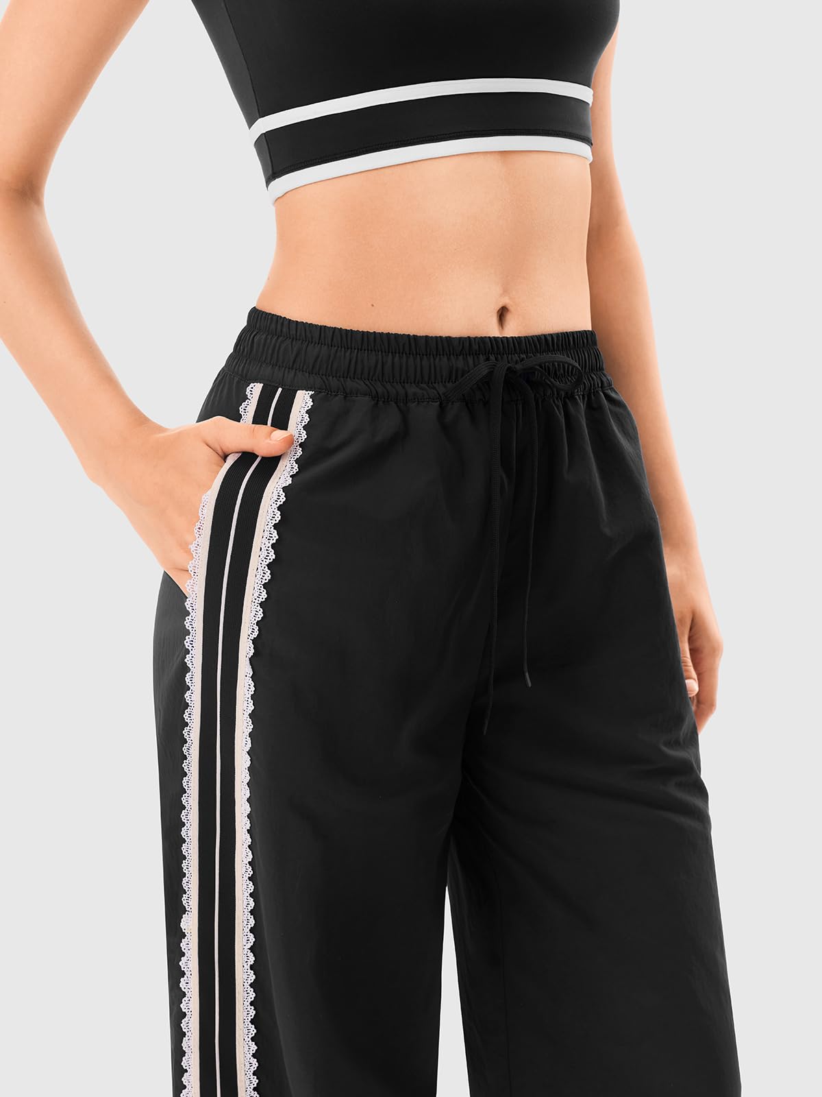 INNOMINT Women's Wide-Leg Track Pants with Lace Side Stripes