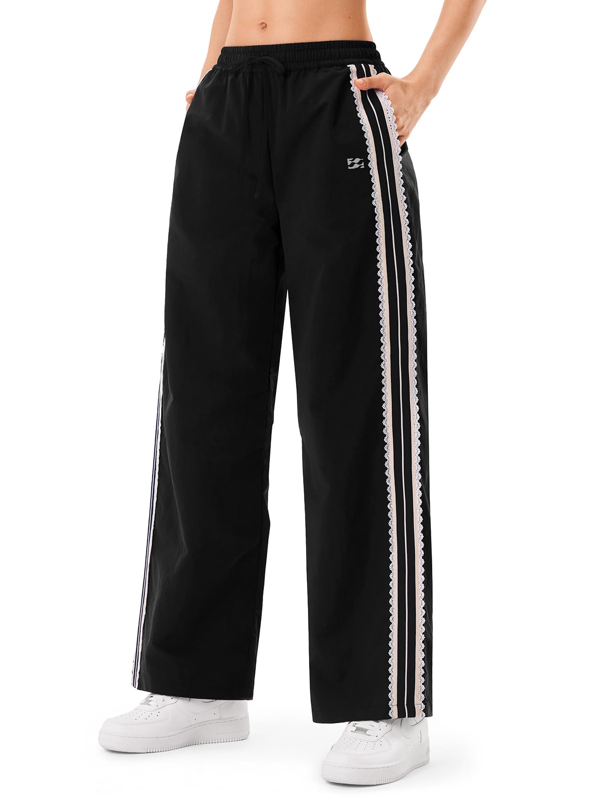 INNOMINT Women's Wide-Leg Track Pants with Lace Side Stripes