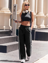 INNOMINT Women's Wide-Leg Track Pants with Lace Side Stripes