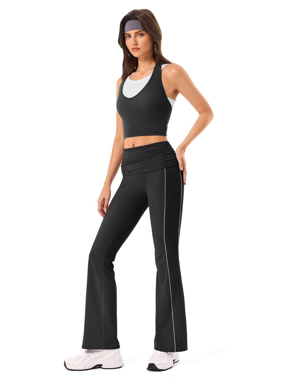INNOMINT Women's Foldover Flare Leggings with Side Stripes