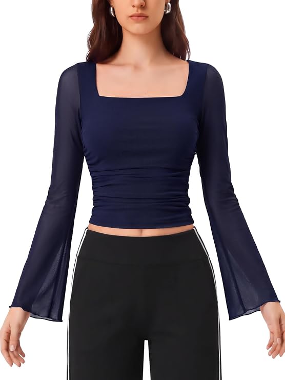 Mesh Bell Sleeve Tops for Women Waist Dance Tops
