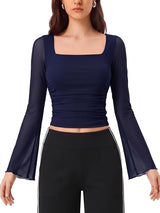 Mesh Bell Sleeve Tops for Women Waist Dance Tops