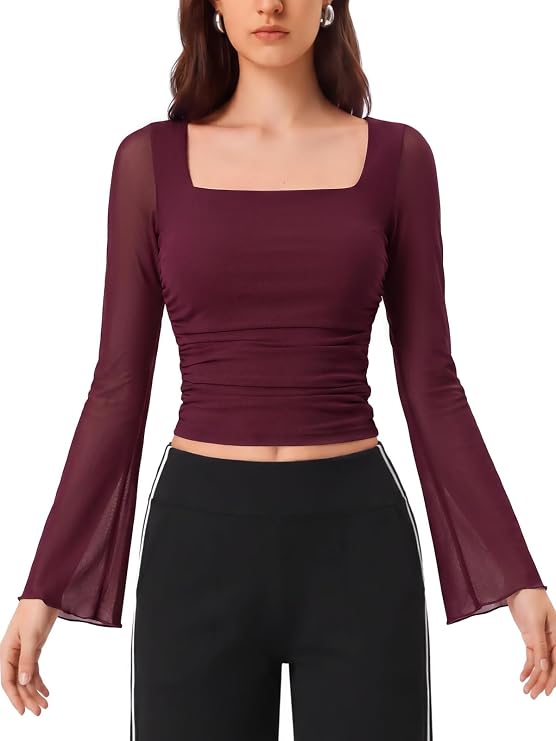 Mesh Bell Sleeve Tops for Women Waist Dance Tops