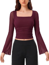 Mesh Bell Sleeve Tops for Women Waist Dance Tops